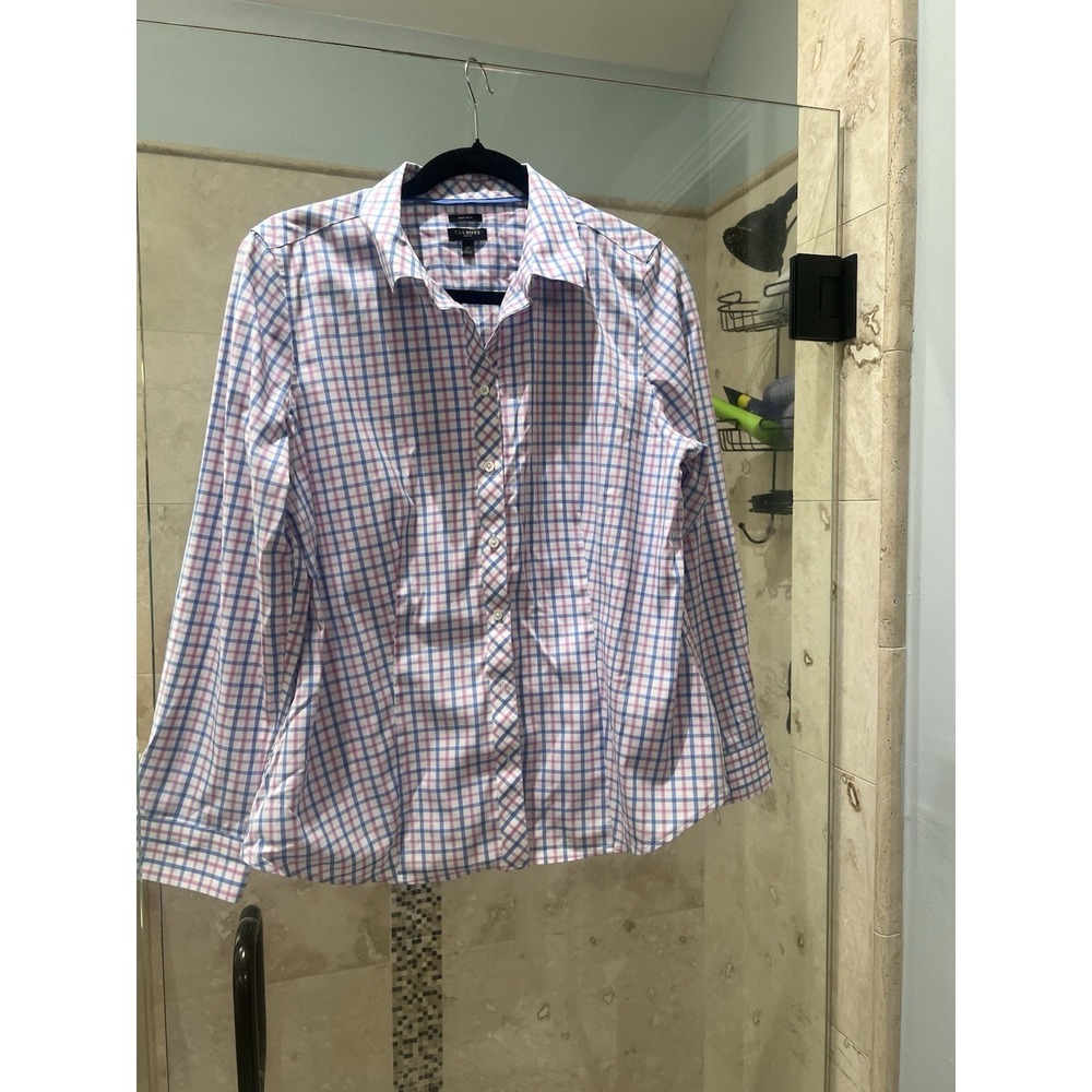 Talbots Blouse Womens Petite 12P Non Iron Long Sleeve Pink Blue Check Button Up